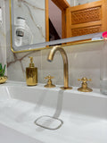 Unlacquered Brass 3-Hole Bathroom Faucet, Widespread Deck-Mount, Solid Brass Cross Handles, Vintage Faucet