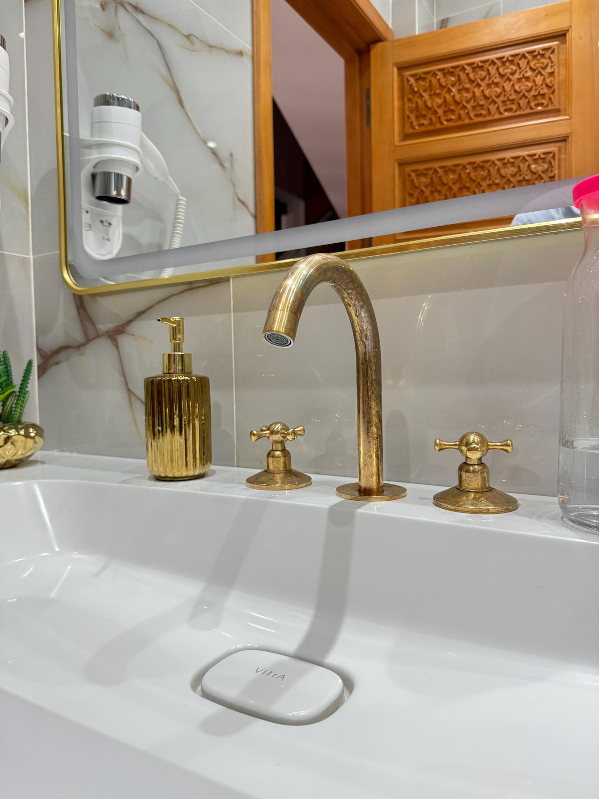 Unlacquered Brass 3-Hole Bathroom Faucet, Widespread Deck-Mount, Solid Brass Cross Handles, Vintage Faucet