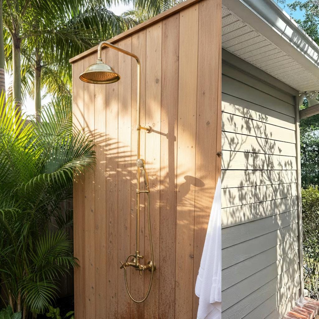 Unlacquered Brass Outdoor Shower With HandHeld, Handmade Solid Brass Shower Head with Handheld