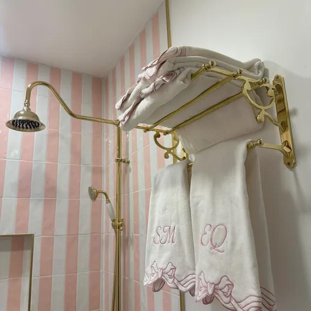 Vintage Solid Brass Towel Rack with Shelf & Hooks, Handmade Bathroom Organizer