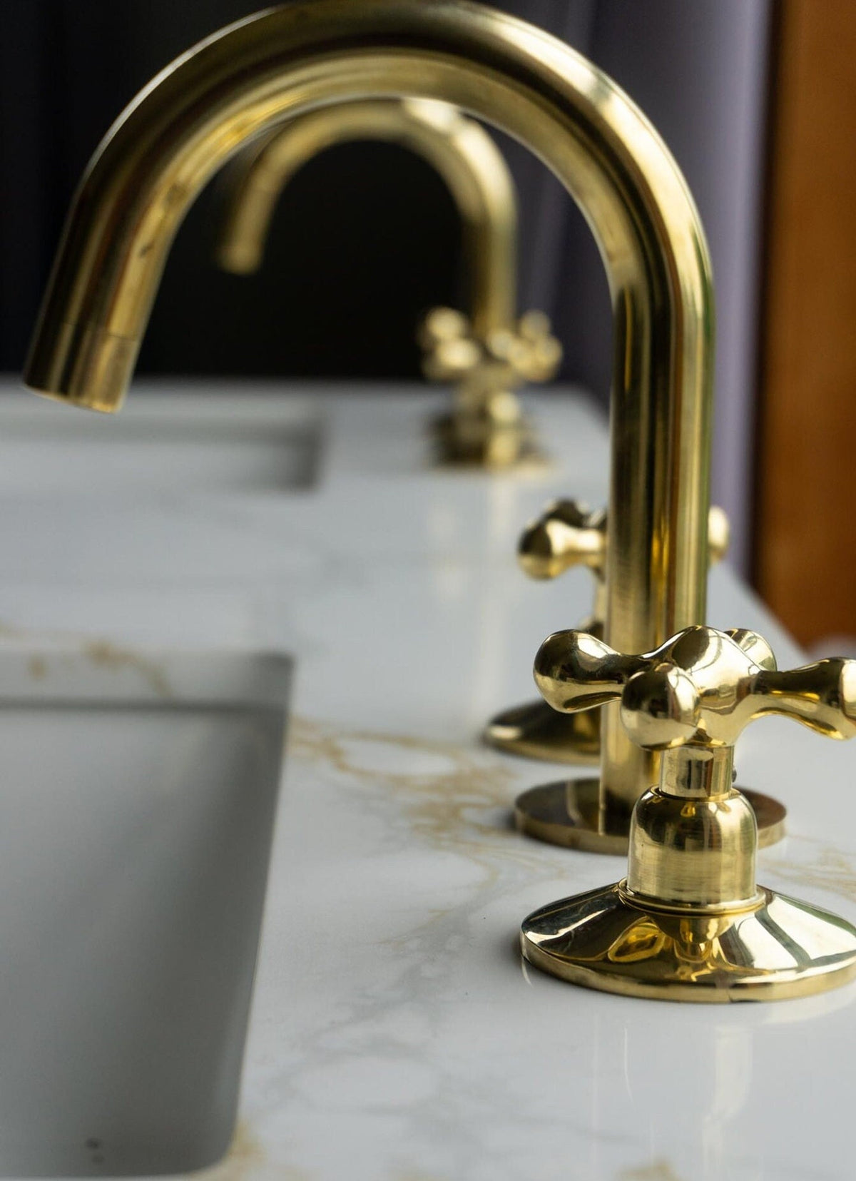 Unlacquered Brass Bathroom Faucet: Gooseneck Spout, Cross Handles