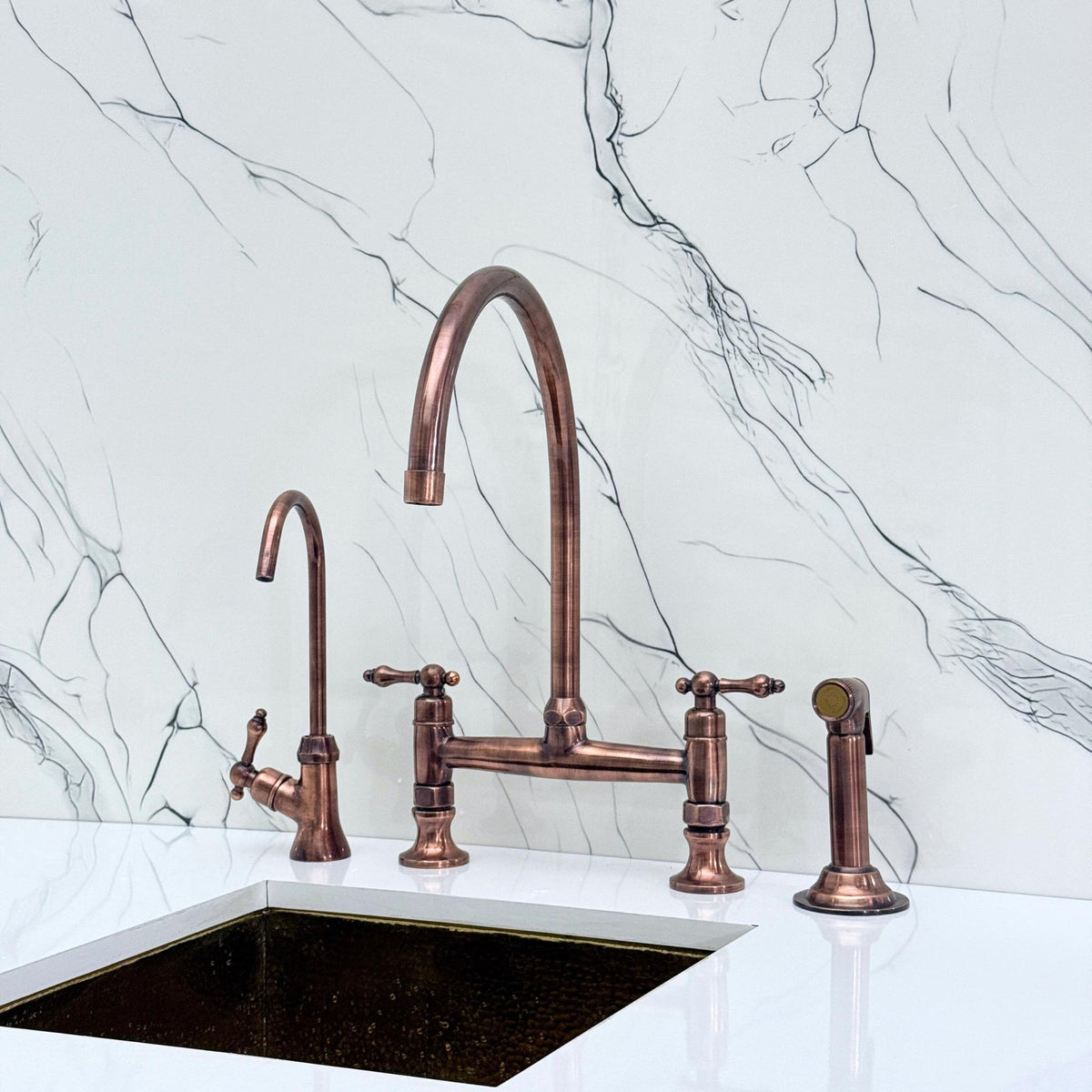 Antique Copper Bridge Kitchen Faucet with Sprayer, Drinking Water Tap and Lever Handles