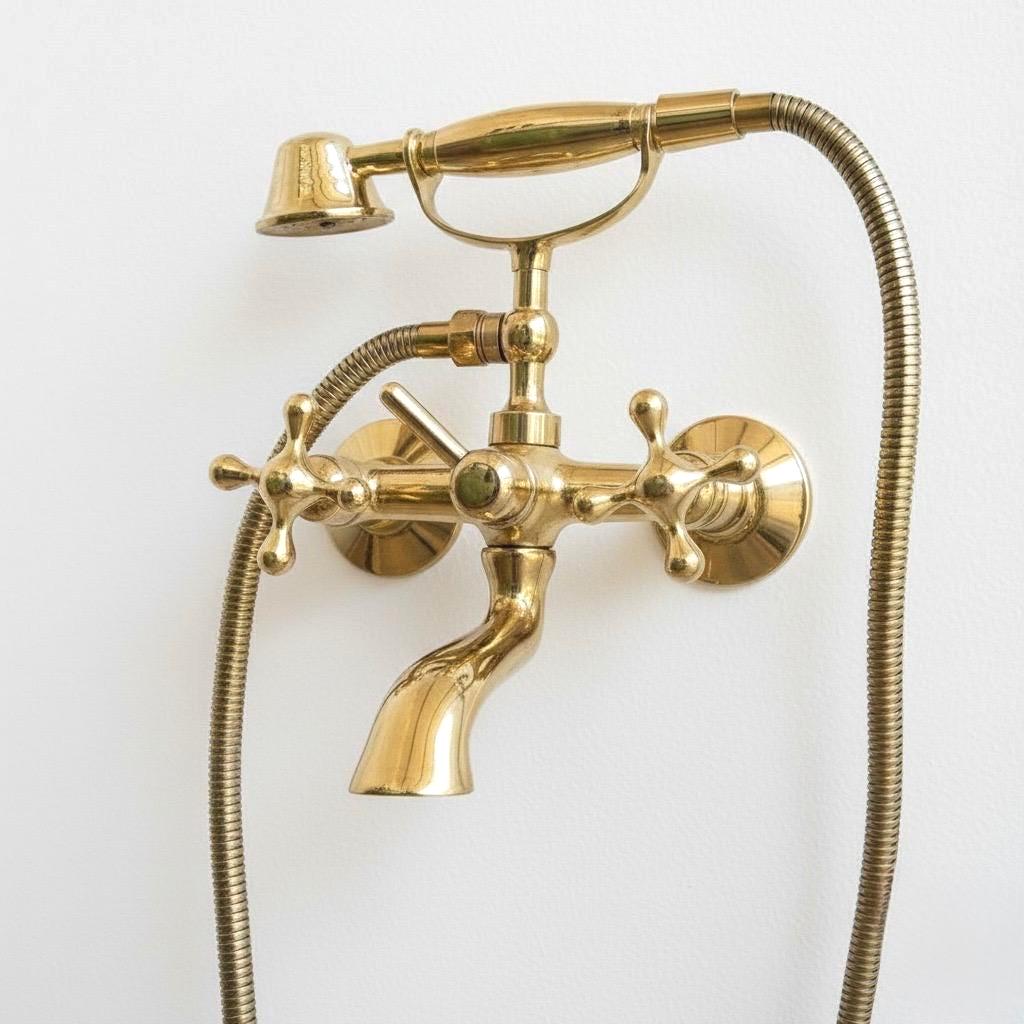Unlacquered Brass Wall Mount Bathtub Faucet, Telephone Style Shower Head, Cross Handle Tap