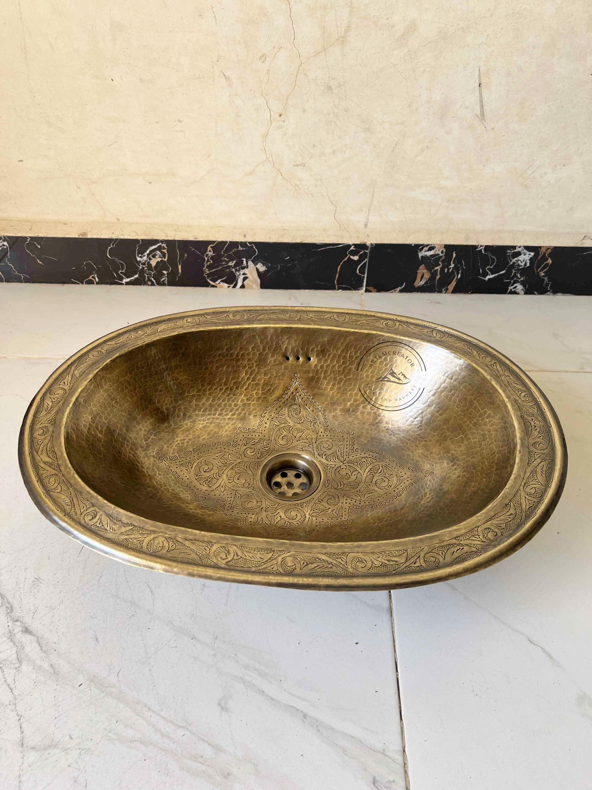 19.5" Antique Oval Brass Bathroom Sink, Handmade Hammered & Engraved Vessel Basin, Oil Rubbed Bronze Patina Drop-in Sink