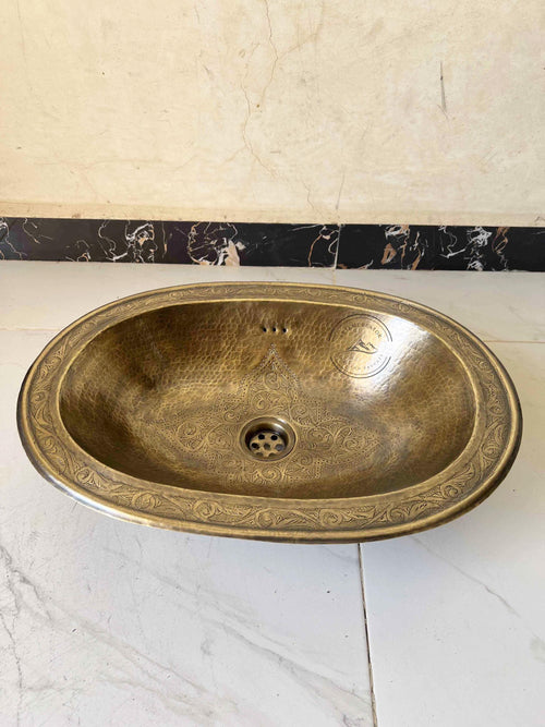 19.5" Antique Oval Brass Bathroom Sink, Handmade Hammered & Engraved Vessel Basin, Oil Rubbed Bronze Patina Drop-in Sink