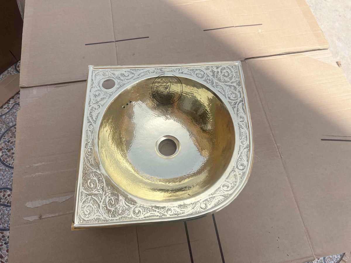 Handmade Etched Unlacquered Brass Corner Sink, Hammered Solid Brass Drop-in or Wall Mounted Vanity Basin for Small Bathr