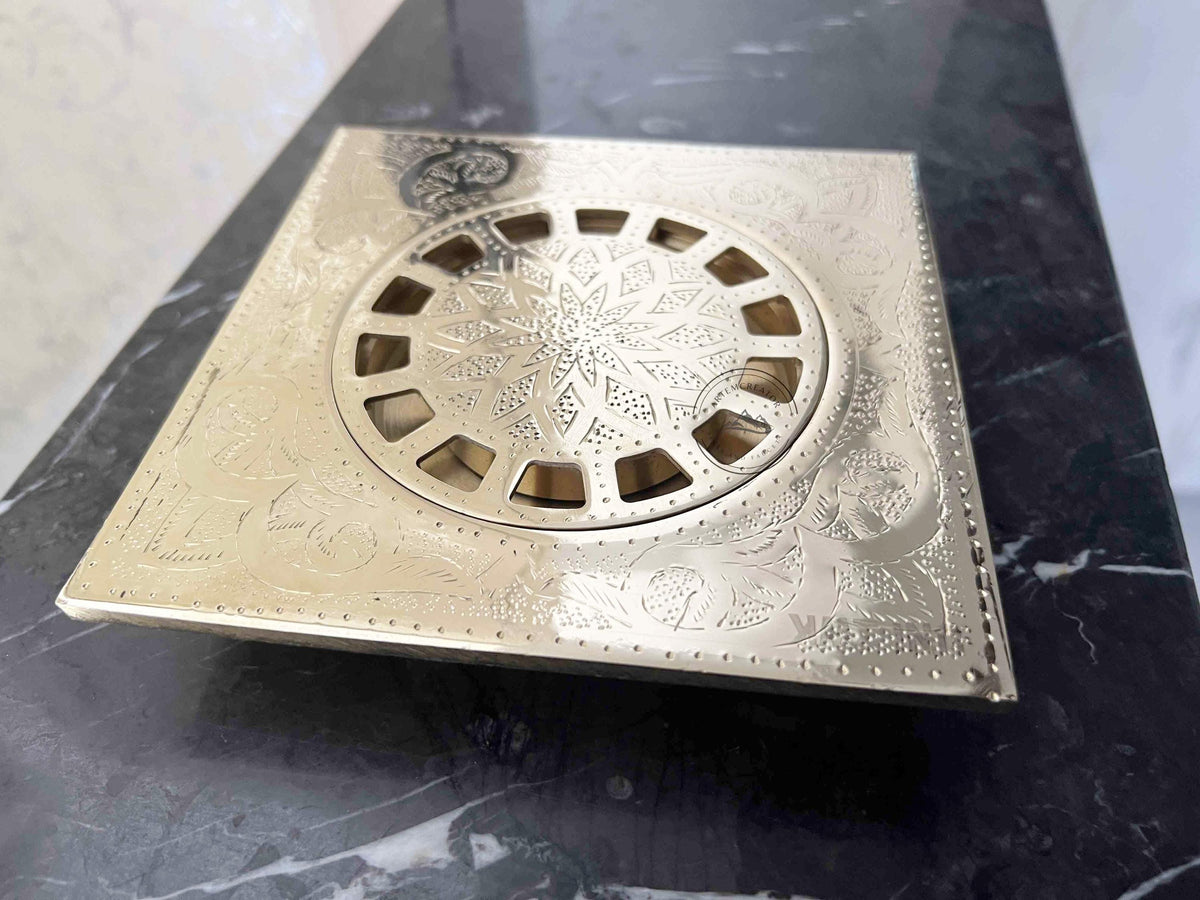 Silver Engraved Brass Square Floor Drain, Unlacquered Shower Drain with Removable Cover, Solid Brass Bathroom Waste for 