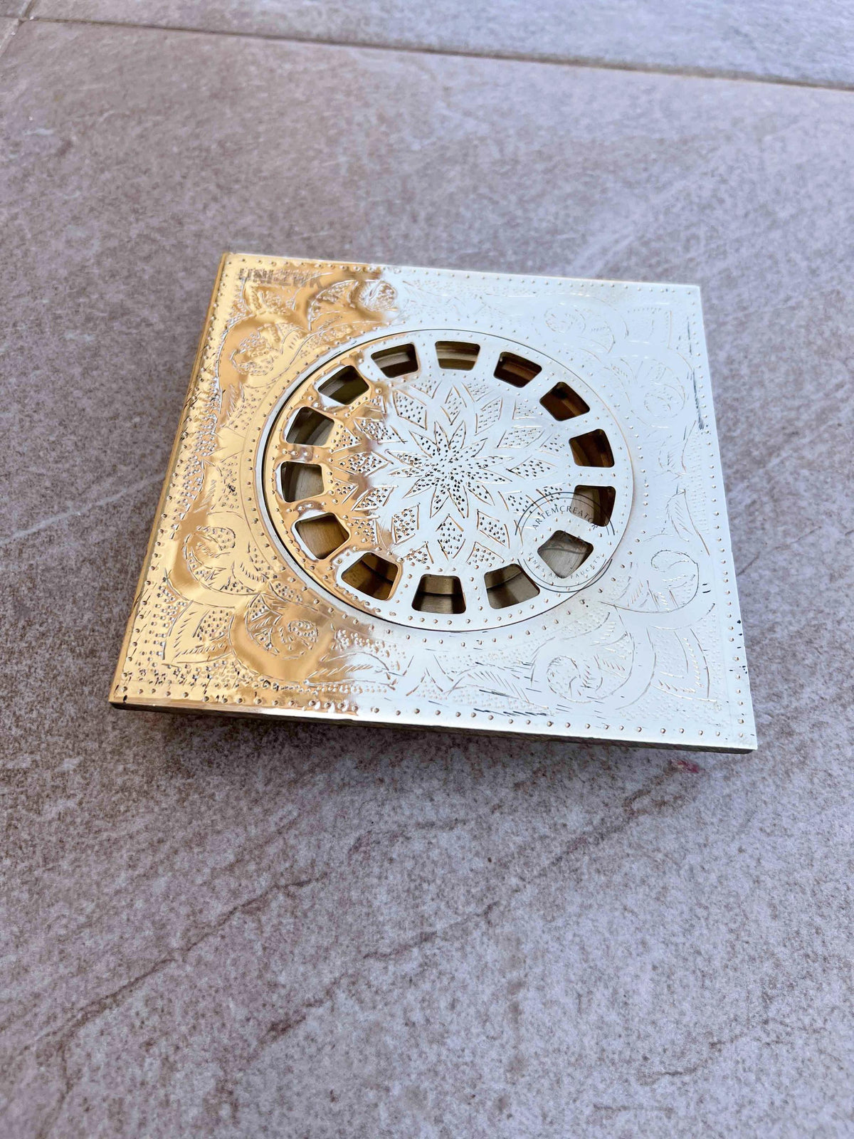 Silver Engraved Brass Square Floor Drain, Unlacquered Shower Drain with Removable Cover, Solid Brass Bathroom Waste for 
