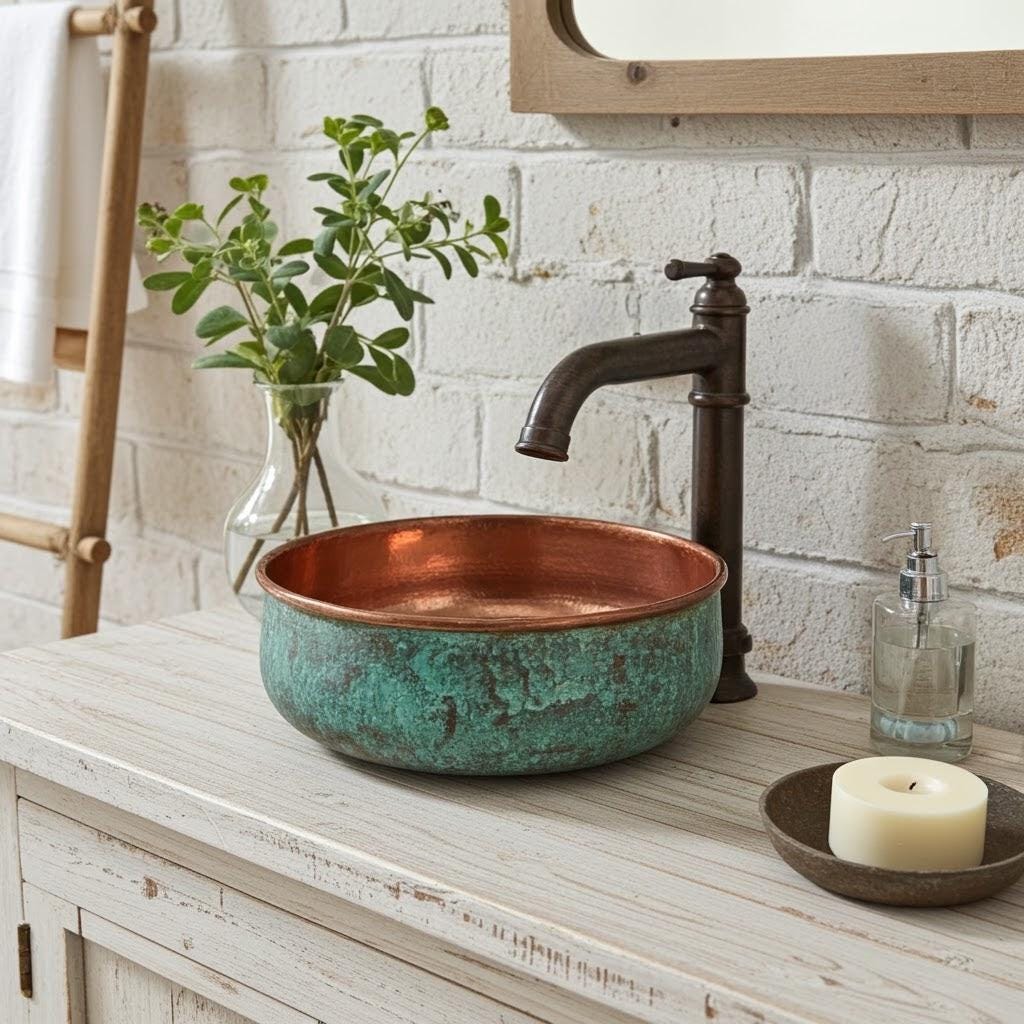 Rustic Green Patina Copper Sink – Round Hammered Bathroom Vessel for Vanity