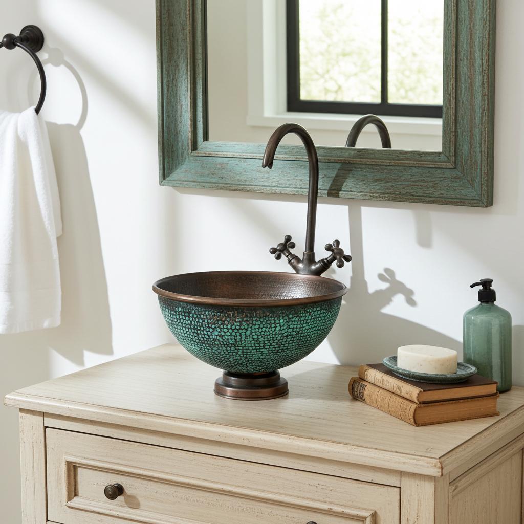 Green Patina Copper Vessel Sink – Hand Hammered Round Bathroom Countertop Basin