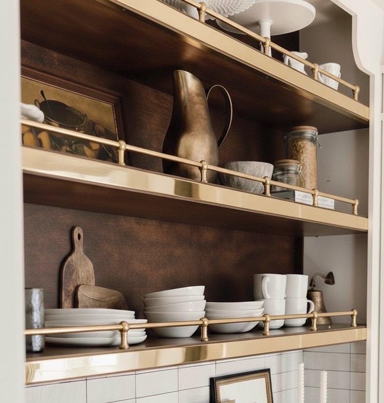 Handmade Brass Gallery Rail with Posts: Antique Desk, Shelf, Cabinet