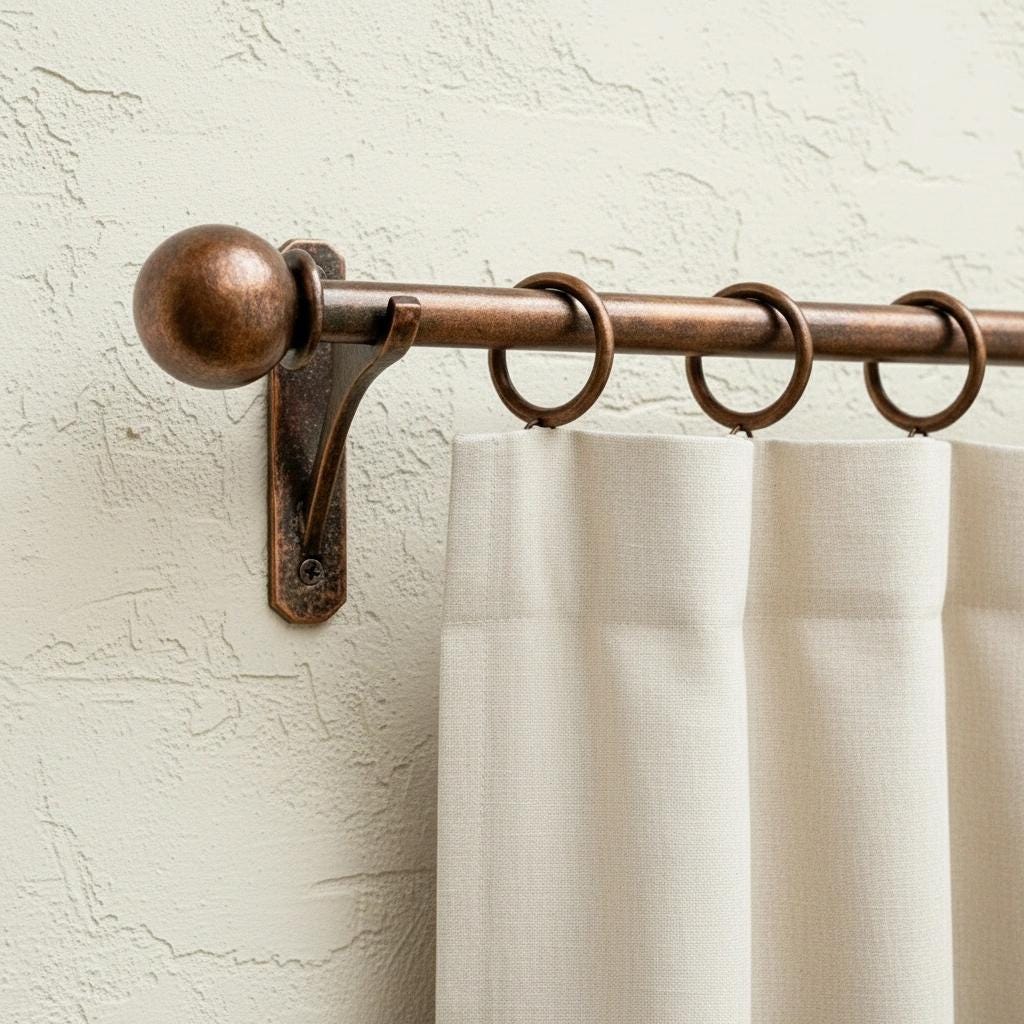 Aged Copper Curtain Rod – Wall Mounted Window Hardware with Rings and Decorative Round Finials