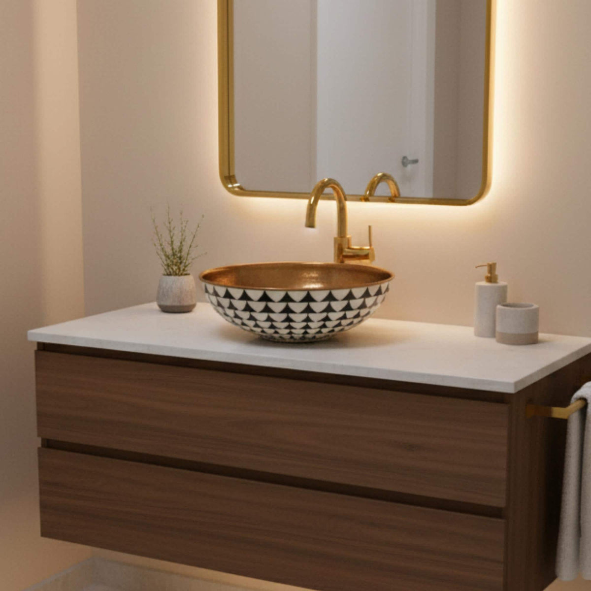 Artisan Brass Vessel Sink: Geometric Inlay, Moroccan Decor