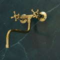 Handmade Unlacquered Brass Kitchen Faucet: Rustic Wall Mounted Double Handle