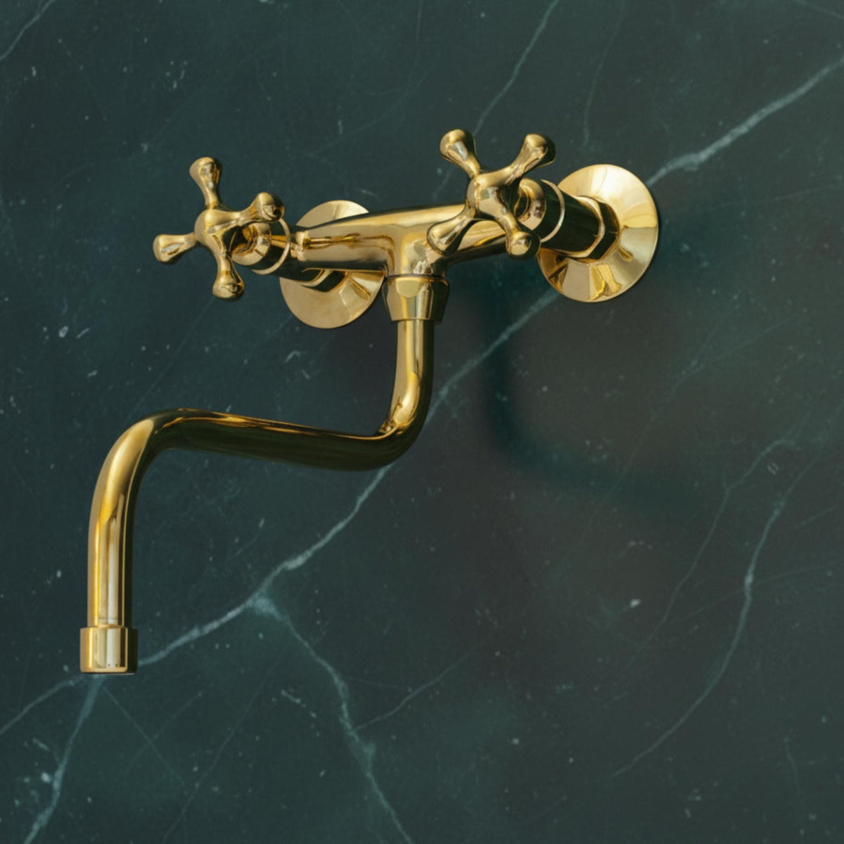 Handmade Unlacquered Brass Kitchen Faucet: Rustic Wall Mounted Double Handle