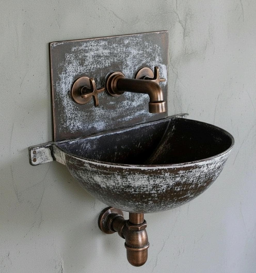Aged Copper Wall Mount Sink – Vintage Hammered Half Bowl Basin