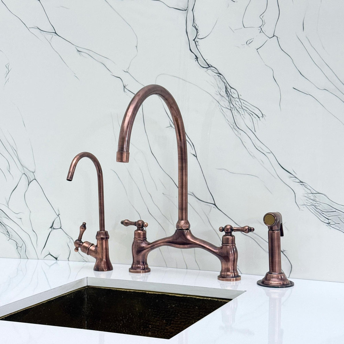 Antique Copper Kitchen Bridge Faucet with Sprayer, Drinking Water Tap and Lever Handles