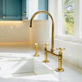 Unlacquered Brass Bridge Kitchen Faucet with Side Sprayer – Solid Brass Double Handle Tap, Vintage Farmhouse Sink Mixer