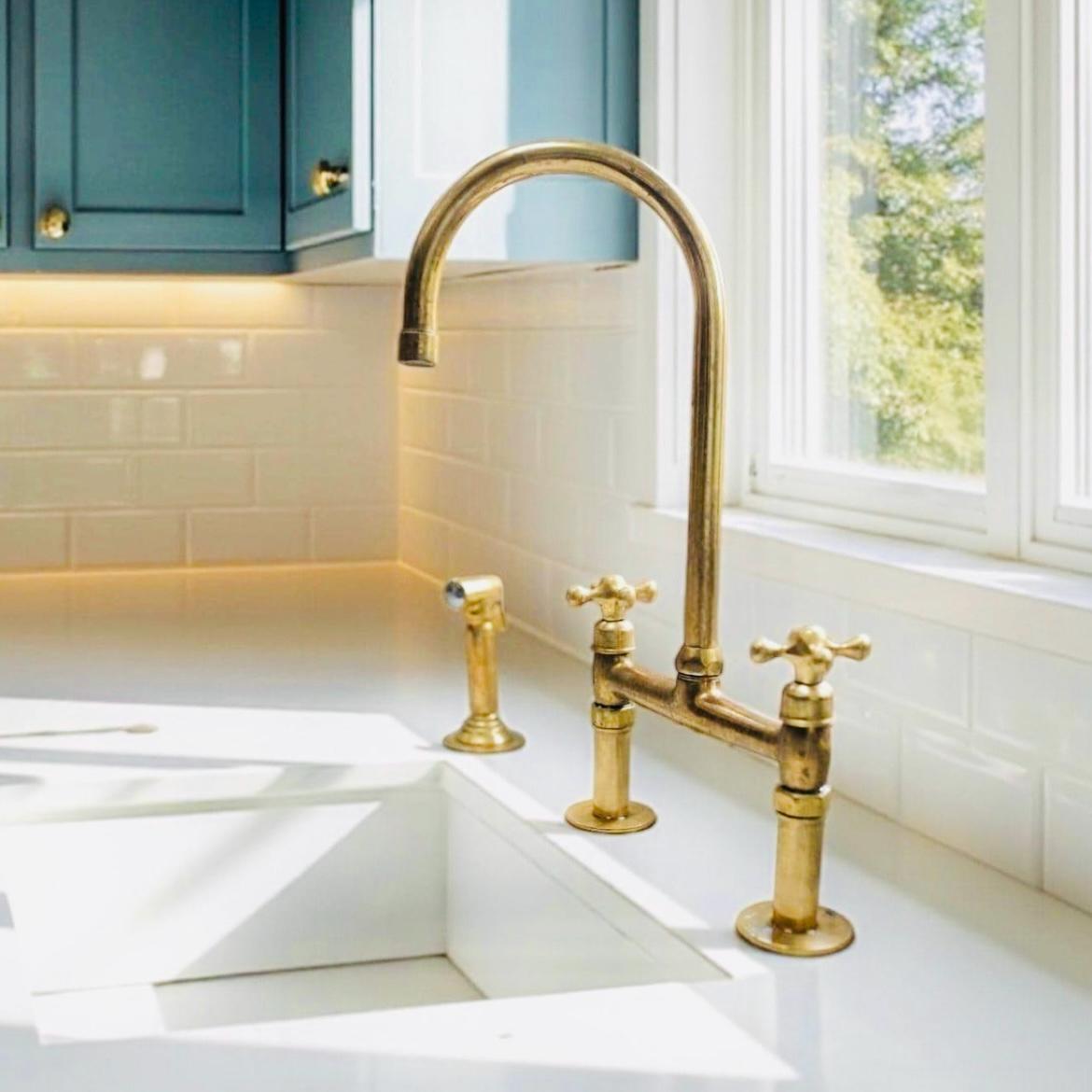Unlacquered Brass Bridge Kitchen Faucet with Side Sprayer – Solid Brass Double Handle Tap, Vintage Farmhouse Sink Mixer