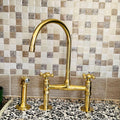 Unlacquered Brass Kitchen Faucet, Solid Brass 8" Bridge faucet with Cross Handles and Straight Legs