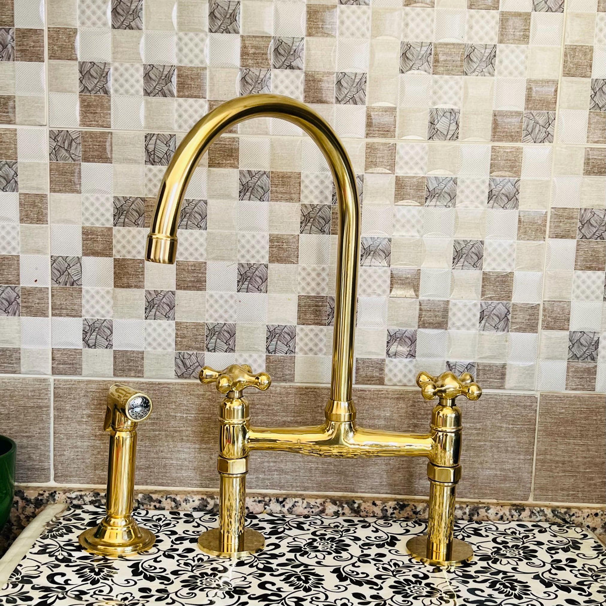 Unlacquered Brass Kitchen Faucet, Solid Brass 8" Bridge faucet with Cross Handles and Straight Legs