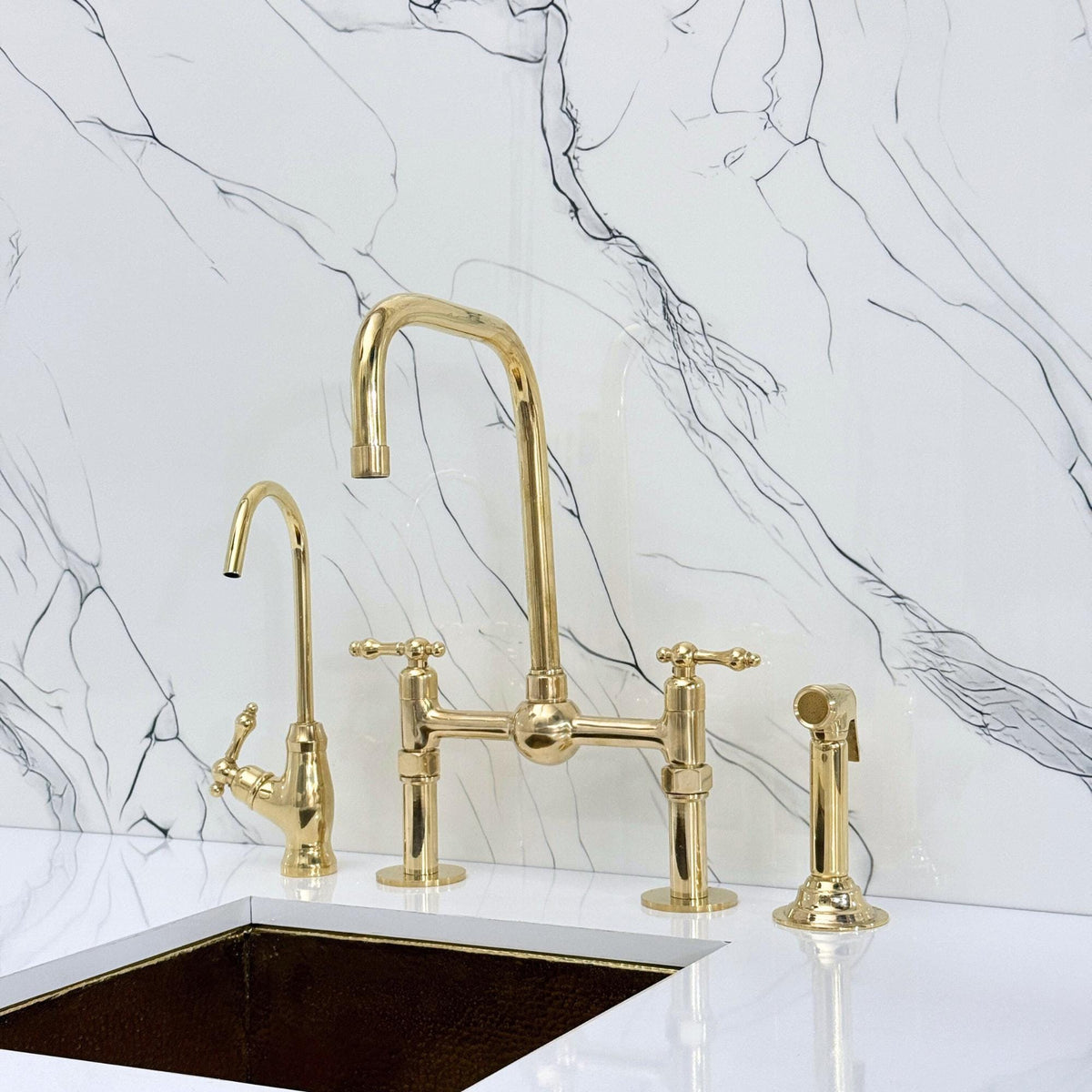 Unlacquered Brass Bridge Kitchen Faucet, Lever Handles, Sprayer & Cold Water Tap