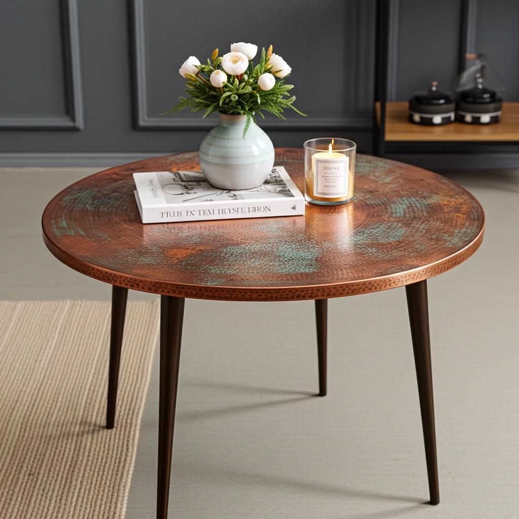 Hammered Copper Coffee Table – Rustic Round Metal End Table for Living Room or Entryway