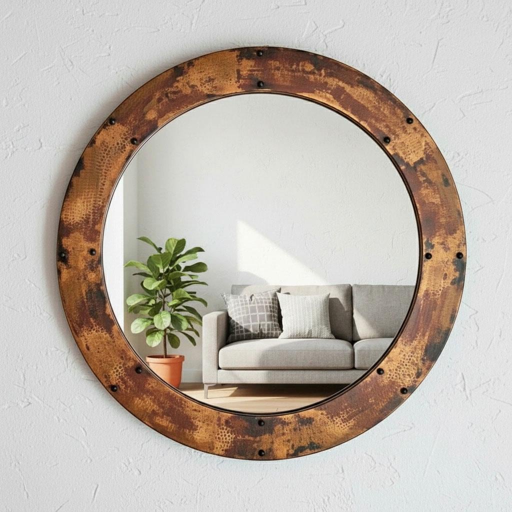 Copper Round Wall Mirror – Aged Hammered Metal Frame, Vintage Rustic Bathroom Vanity Mirror