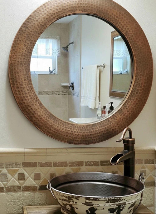 Aged Copper Wall Mirror – Handcrafted Round Hammered Frame Farmhouse Vanity