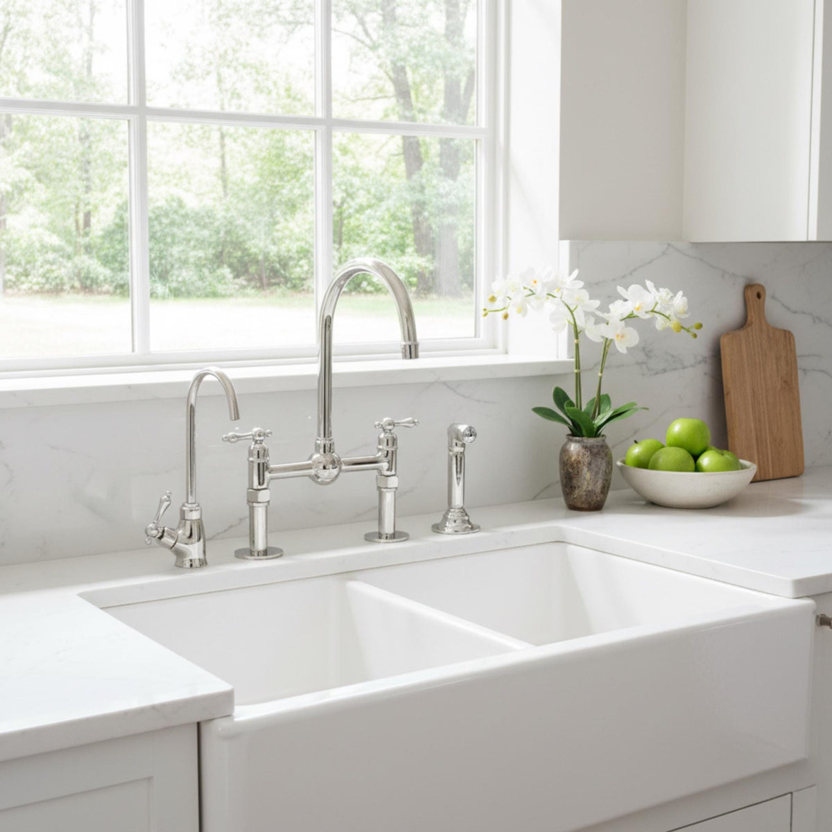 Polished Nickel Kitchen Bridge Faucet with Sprayer & Cold Water Tap