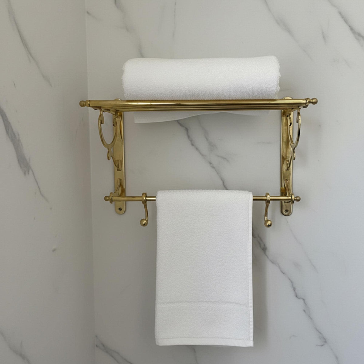 Moroccan Vintage Brass Towel Holder with Shelf & Hooks, Handcrafted Unlacquered Bathroom Organizer