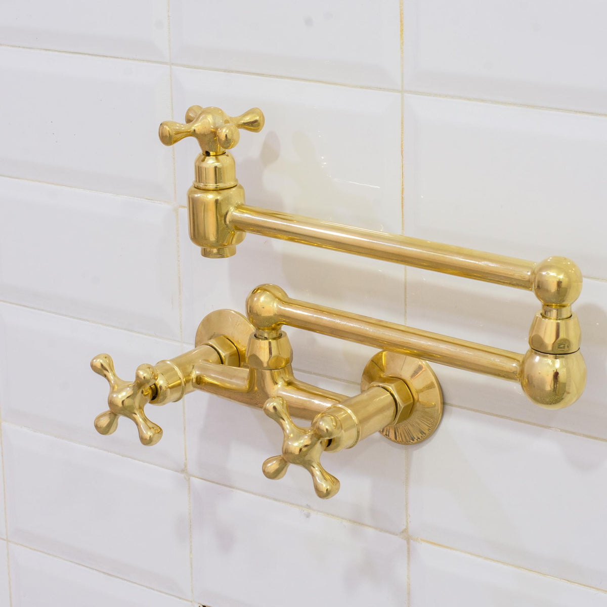 Unlacquered Brass Wall Mount Faucet, Brass Kitchen Faucet, Dual Handle Faucet
