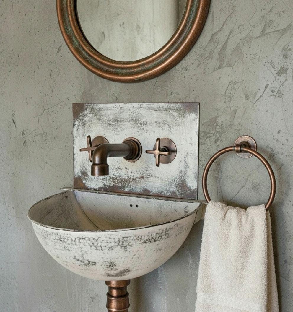 White Patina Copper Wall Mounted Sink – Rustic Farmhouse Half Bowl Basin with Copper Faucet