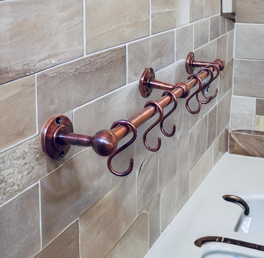 Copper Pot Rack with Brass Finish, Handmade Kitchen Pot Rail with S Hooks, Wall Mounted Pan Hanger, Rustic Kitchen Hardw