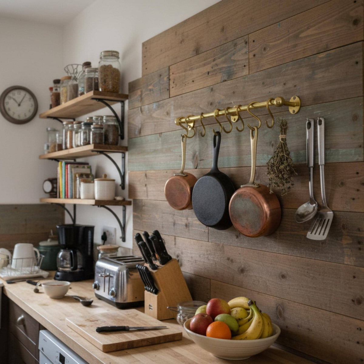 Unlacquered Brass Pot Rail Kitchen Wall Mounted Pan Rack with S Hooks