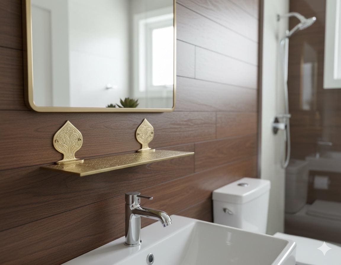 Unlacquered Brass Wall Bathroom Shelf, Handmade Shelves On Wall, Engraved Brass Wall Shelf For Shower