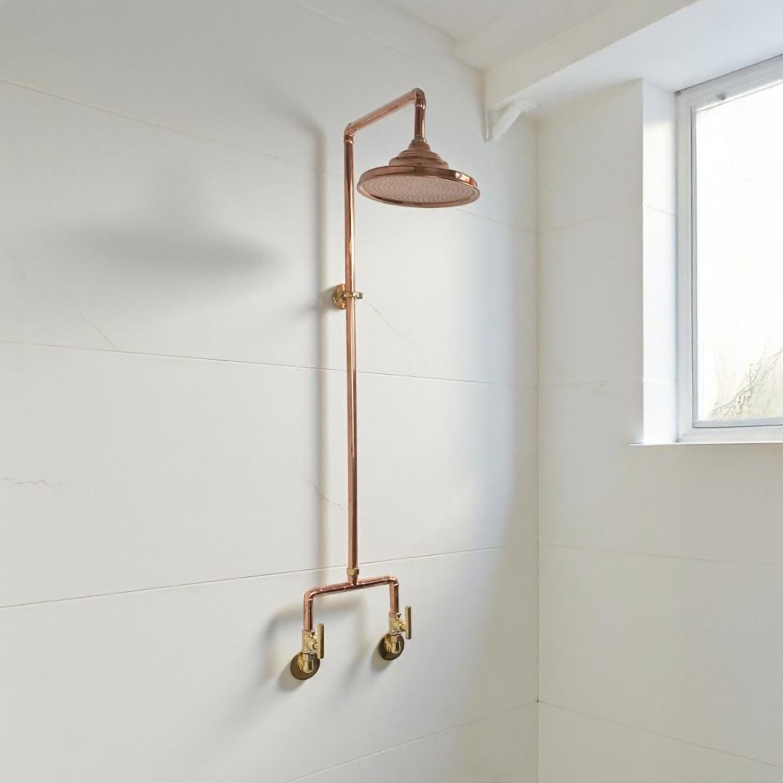 Handmade Brass Rain Shower – Exposed Wall Mount Shower System, Vintage Gold Bathroom Fixture, Unlacquered Brass Shower S