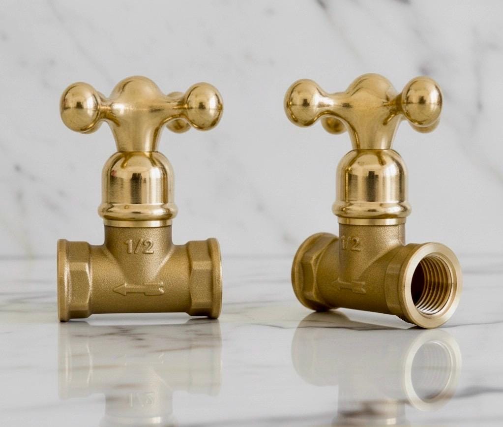 Solid Brass Vintage Cross-Handle Shut-Off Valve, 1/2” Unlacquered Brass T-Handle Valve for Kitchen & Bathroom Plumbing”