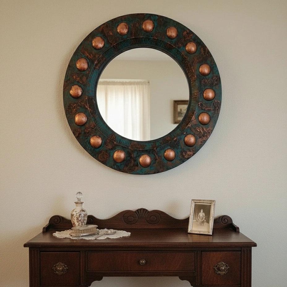 Handcrafted Verdigris Copper Round Mirror – Green Patina Wall Decor with Hammered Copper Studs