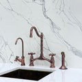 Antique Copper Victorian Bridge Kitchen Faucet with Sprayer, Drinking Water Tap and Cross Handles