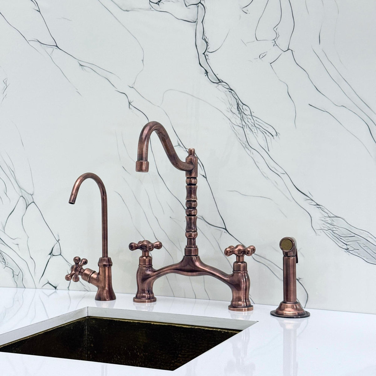 Antique Copper Victorian Bridge Kitchen Faucet with Sprayer, Drinking Water Tap and Cross Handles
