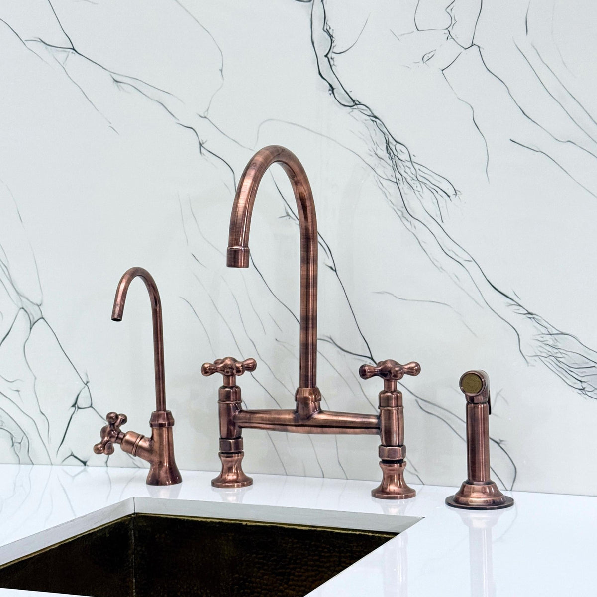 Antique Copper Bridge Kitchen Faucet with Cold Water Faucet, Sprayer, and Cross Handles