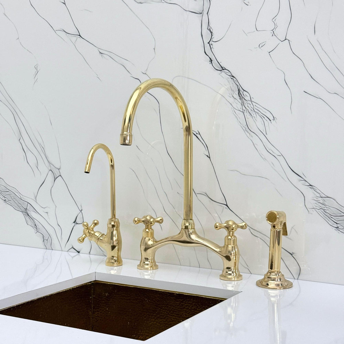 Unlacquered Brass Bridge Antique Faucet with Sprayer, Drinking Water Tap and Cross Handles