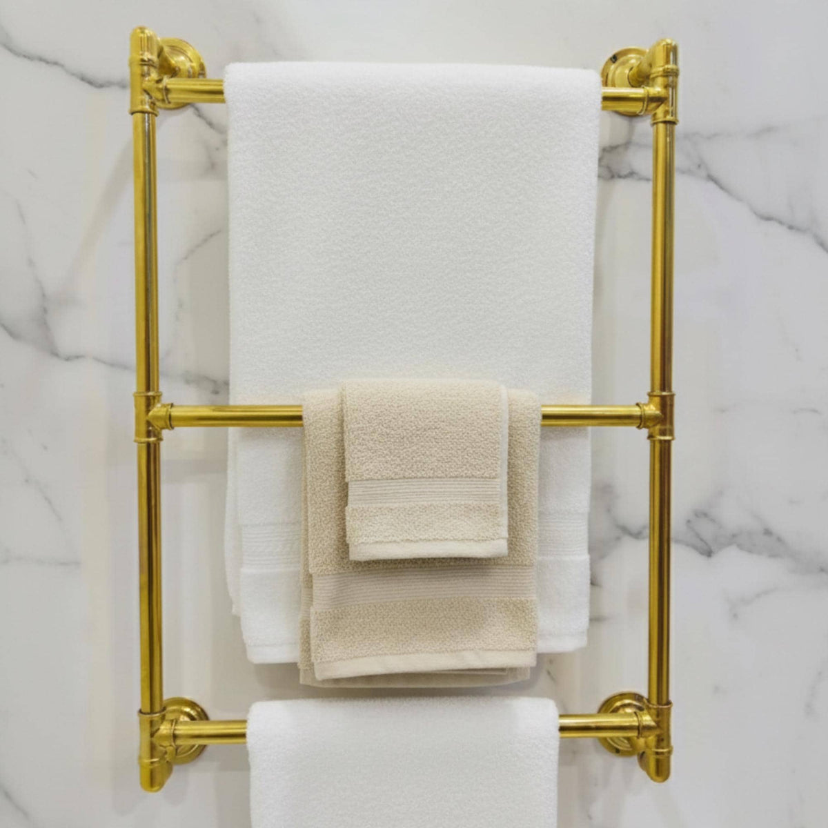 Moroccan Vintage Brass Towel Holder with Shelf & Hooks, Handcrafted Unlacquered Bathroom Organizer