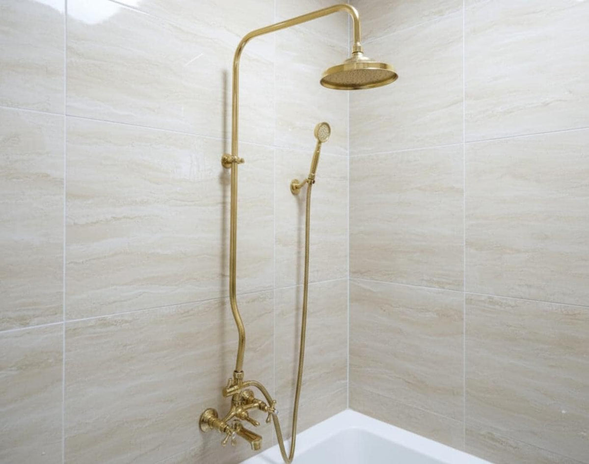 Unlacquered Brass Shower System, Rainfall Head, Handheld Shower