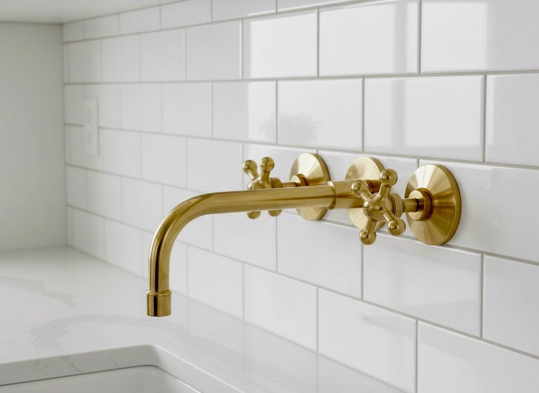 Unlacquered Brass Wall Mount Faucet, Vintage Double Handle Bathroom Sink Tap, Solid Brass Tub Filler Faucet