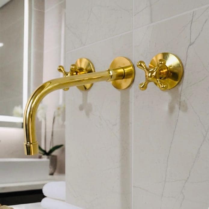 Unlacquered Brass Wall Mount Faucet, Vintage Double Handle Bathroom Sink Tap, Solid Brass Tub Filler Faucet