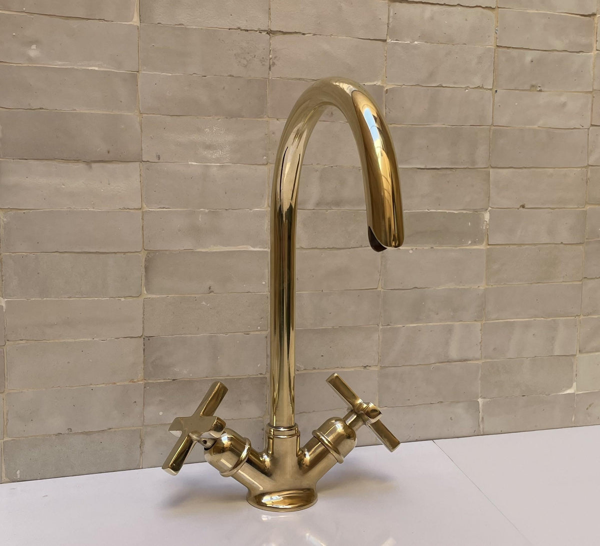 Handmade Solid Brass Faucet - Vintage Cross-Handle Sink Tap - Moroccan Brass Bathroom Fixture - Rustic Kitchen Faucet -T