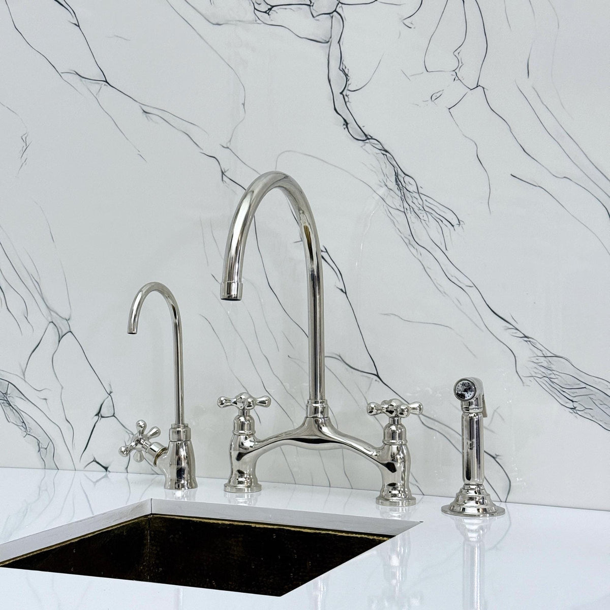 Polished Nickel Kitchen Bridge Faucet with Sprayer, Drinking Water Tap and Cross Handles