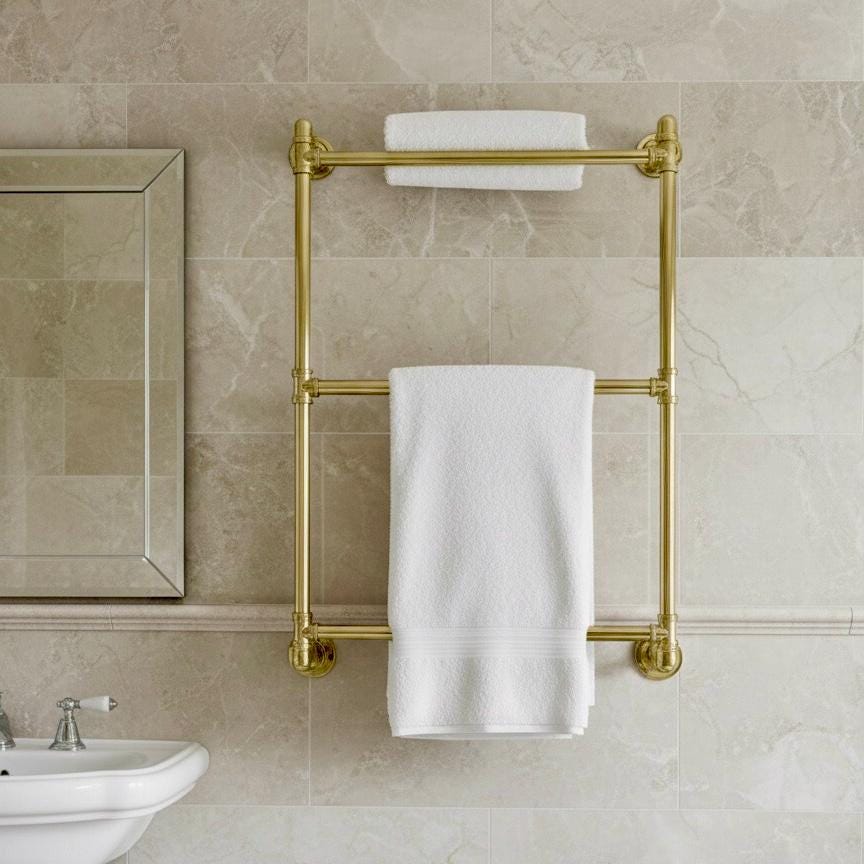 Unlacquered Brass Towel Rack with Shelf & Hooks, Moroccan Vintage Bathroom Organizer, Handmade Solid Brass Holder